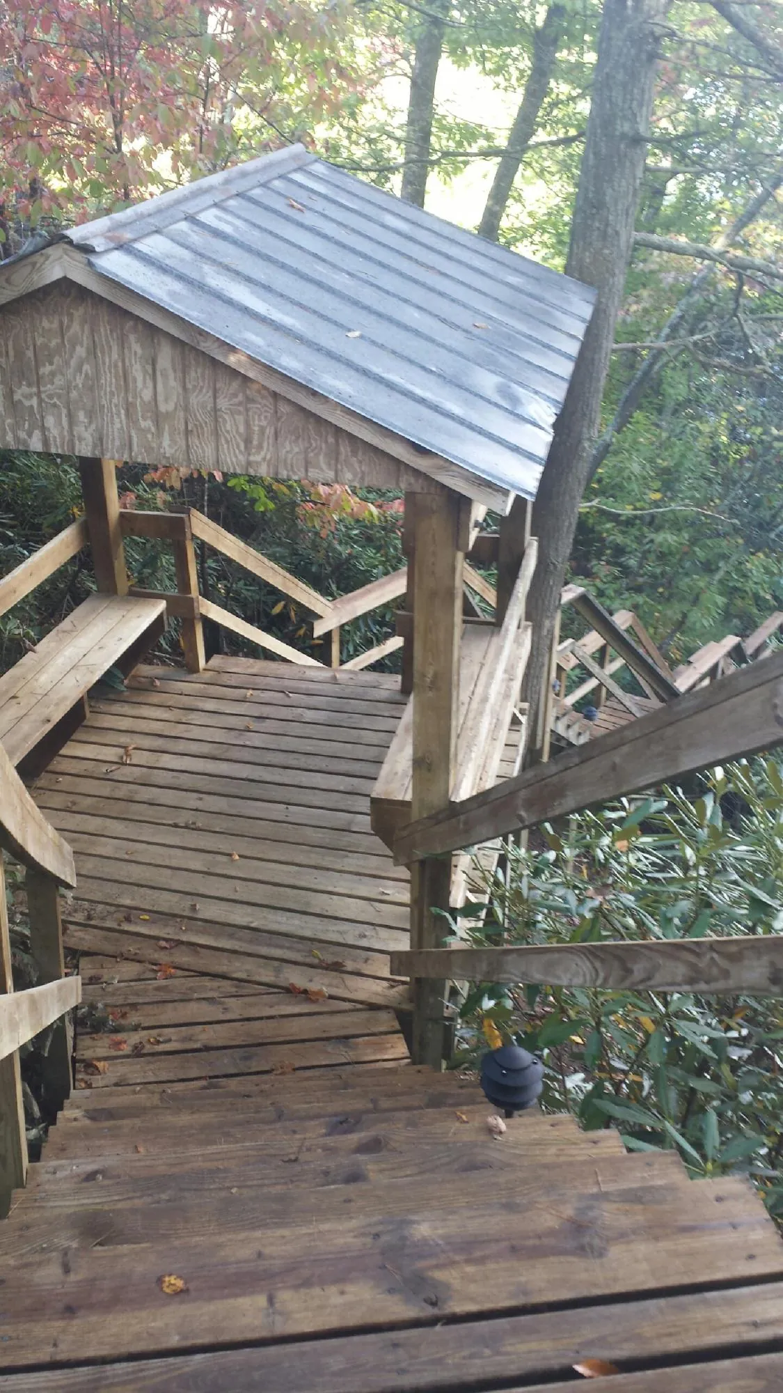 Metal roofed shelter over wooden steps on a wooded walkway — Skylight Repair & Installation work by our crew in Taylorville